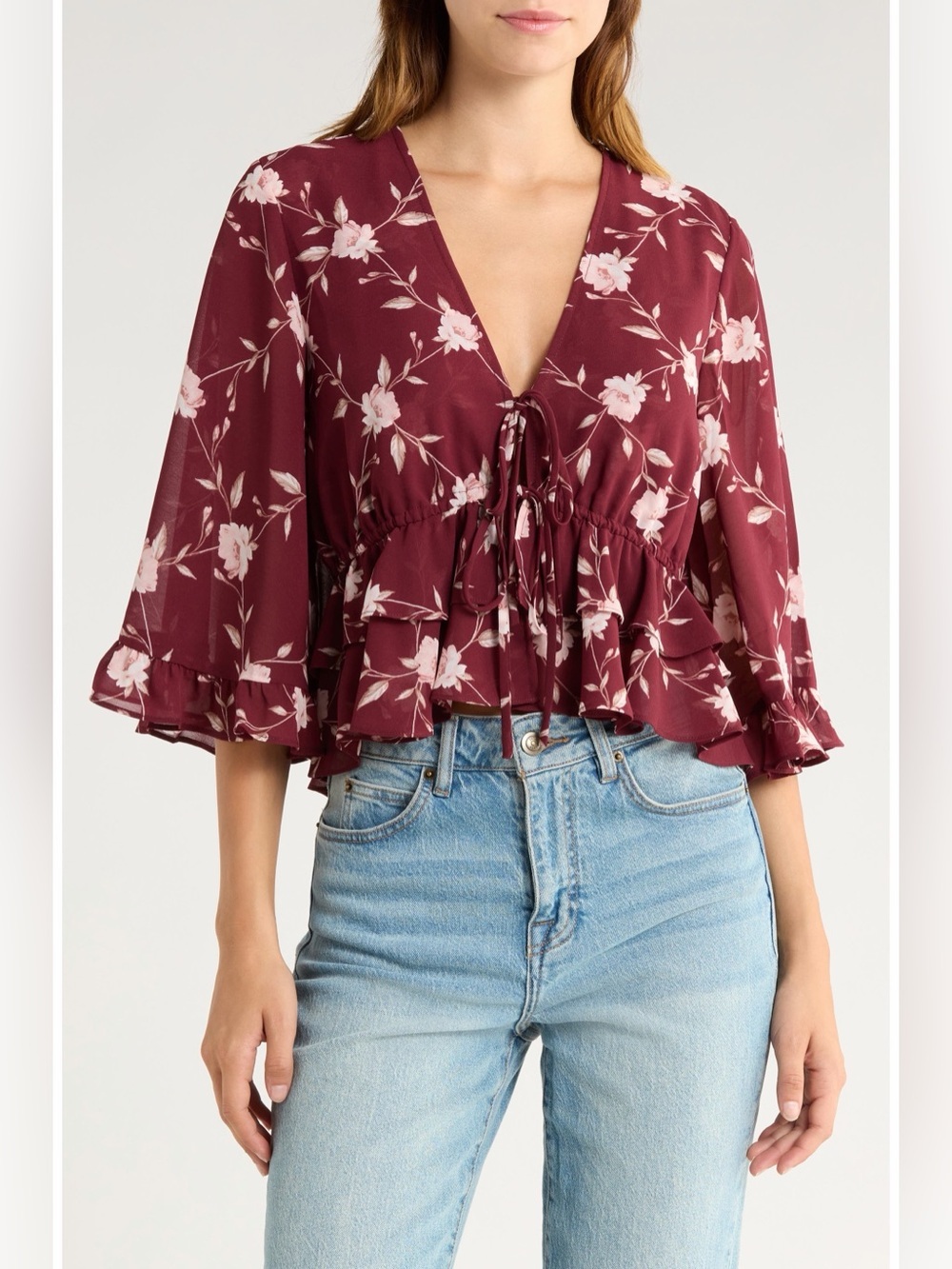 WAYF Free Spirit Floral Ruffle Top XS Burgundy Boho Romantic NWOT - Picture 1 of 10